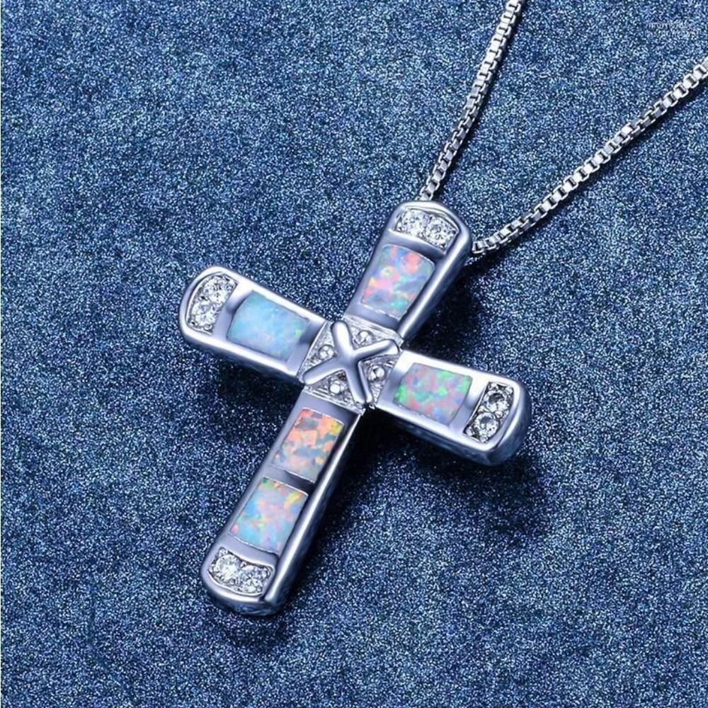 Elegant Opal Cross Pendant Necklace with Crystal Accents
